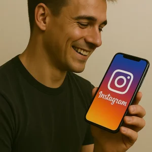 Un homme présentant un smartphone contenant Instagram